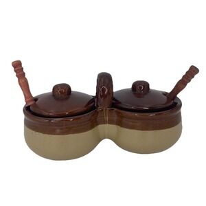 Vintage Brown and Cream Glazed Ceramic Double Condiment Set w/ Spoons Taiwan